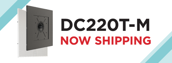 Biamp DC220T‑M in‑ceiling loudspeaker module product banner announcing the high‑performance commercial ceiling speaker is now shipping.