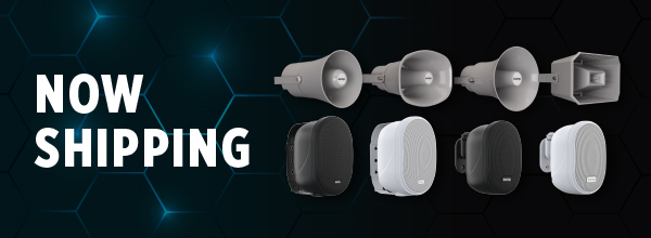 Biamp commercial loudspeakers, including horn and surface‑mount models, product banner announcing new installation speakers are now shipping.