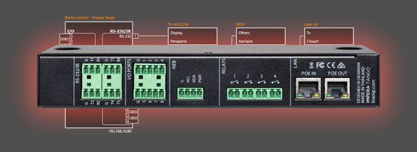 Biamp Impera control processor rear panel showing RS‑232, GPIO, relay, and PoE network connections for integrated AV room control.