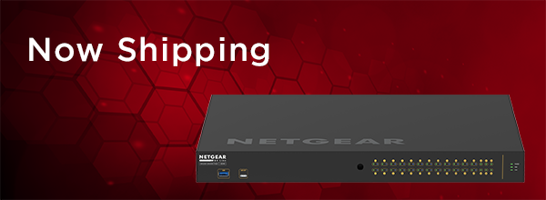 NETGEAR AV‑over‑IP network switch banner with “Now Shipping” text, highlighting certified solution for Biamp professional AV installations.