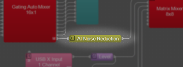 Biamp Tesira software screenshot highlighting AI Noise Reduction block in audio signal chain, showcasing advanced noise suppression for conferencing.