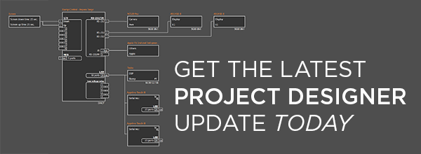 Biamp banner promoting the latest Project Designer software update, featuring an AV signal flow diagram and call to upgrade today.