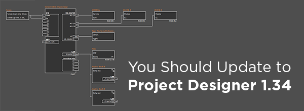 Update notification banner showing Biamp AV signal flow diagram with text encouraging users to upgrade to Project Designer 1.34 software.