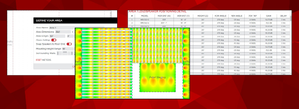 Biamp loudspeaker design software screens showing room definition, coverage heatmap, and detailed speaker placement data for optimal sound system planning.