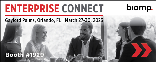 Enterprise Connect 2023 event banner inviting attendees to visit Biamp at Booth #1929 in Gaylord Palms, Orlando, FL.