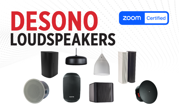 Biamp Desono loudspeakers lineup graphic showing ceiling, pendant, and surface‑mount models, all Zoom Certified for exceptional meeting room audio.