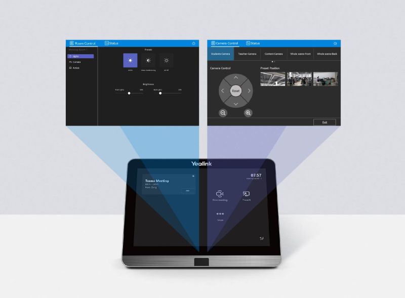 Yealink Teams touch console integrating Biamp Impera room control interface for lighting, camera presets, and AV management in meeting spaces.