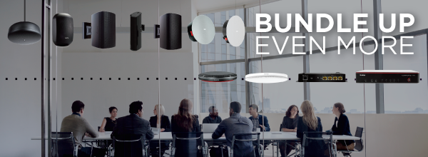Biamp “Bundle Up Even More” promotion featuring complete conference room AV bundle with speakers, microphones, DSP, and networking gear.