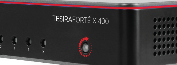 Close‑up of Biamp TesiraFORTÉ X 400 conferencing DSP processor front panel, highlighting sleek design and status indicators.