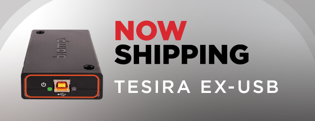 Tesira EX‑USB expansion interface product banner announcing the Biamp USB audio endpoint for Tesira conferencing systems is now shipping.