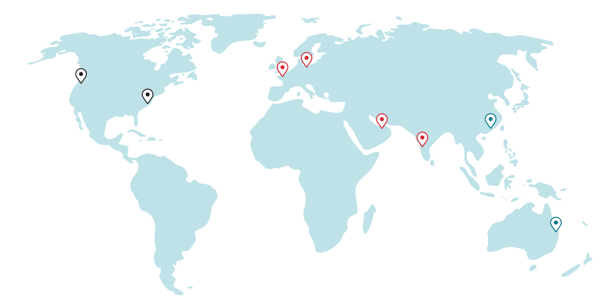 World map with location pins marking Biamp offices and global sites across North America, Europe, Middle East, India, Asia, and Australia.