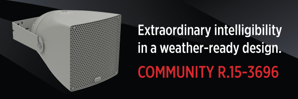 Community R.15‑3696 loudspeaker banner highlighting extraordinary speech intelligibility and durable, weather‑ready design for outdoor paging systems.