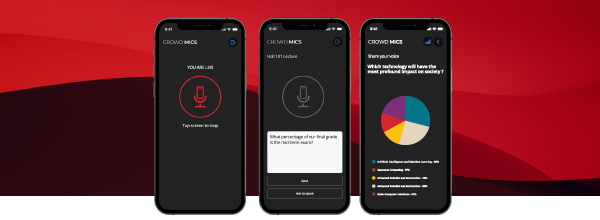 Crowd Mics mobile app interfaces on smartphones showing live microphone, text questions, and polling features for interactive audience engagement.