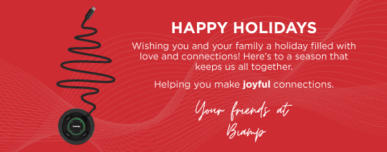 Biamp holiday greeting banner featuring cable shaped like a Christmas tree and message wishing customers joyful, connected holidays.