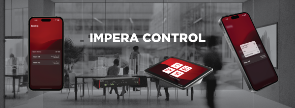 Impera Control banner showing Biamp room control interfaces on smartphones, touch panel, and controller hardware managing AV systems in a glass meeting room.