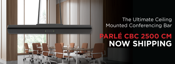 Parlé CBC 2500 CM ceiling‑mounted conferencing bar in modern meeting room, product banner announcing the ultimate ceiling conferencing bar now shipping.