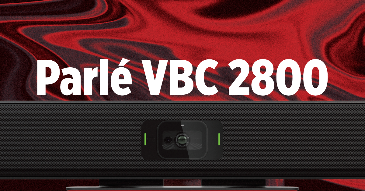 Parlé VBC 2800 all‑in‑one conferencing bar close‑up, highlighting integrated 4K camera and premium audio for modern video meetings.