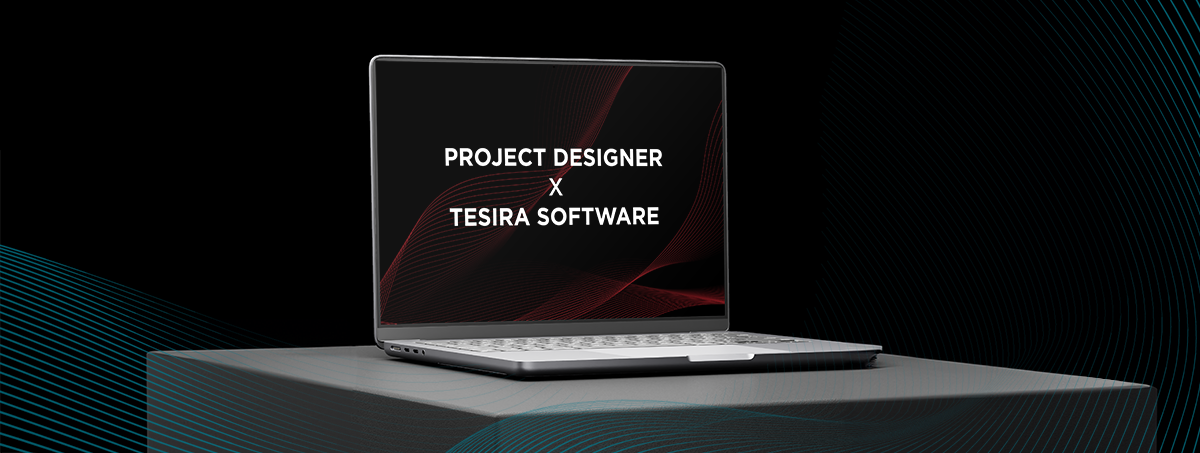 Laptop displaying “Project Designer x Tesira Software” on screen, promoting integrated Biamp AV system design and DSP configuration tools.
