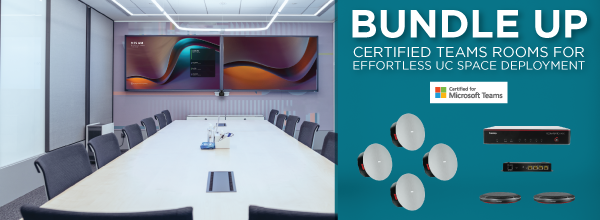 Certified Microsoft Teams Rooms AV bundle promotion showing modern conference room with Biamp speakers, DSP, and microphones for easy UC deployment.