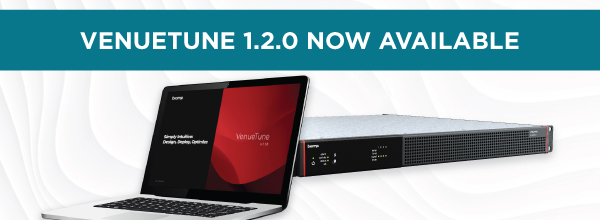 VenuTune 1.2.0 software now available banner featuring Biamp laptop interface and DSP hardware for optimized loudspeaker tuning in venues.