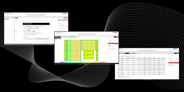 Biamp sound masking design software interface screens showing layout, coverage heatmap, and system reports for planning acoustic privacy solutions.