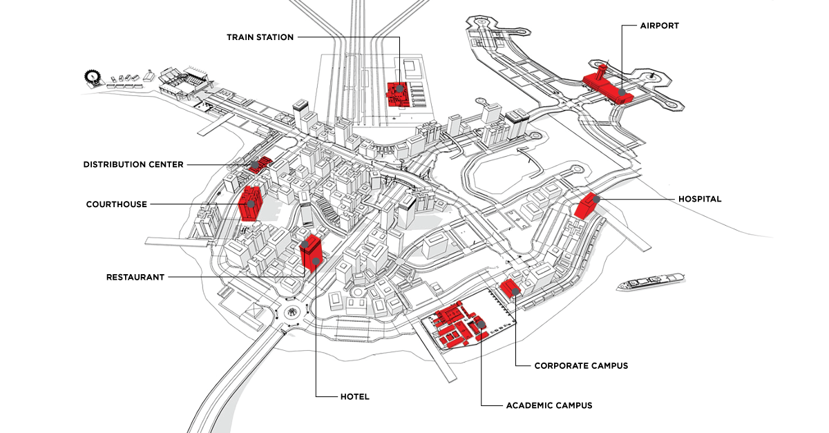Biamp city map highlighting key venues—airport, train station, hospital, hotel, campuses, courthouse, restaurant, distribution center.