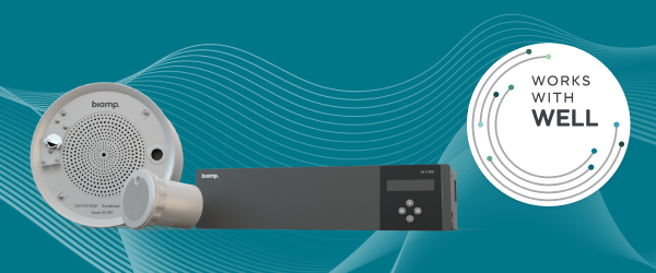 Biamp sound masking system components with “Works With WELL” badge, highlighting acoustic privacy solutions that support WELL Building Standard.