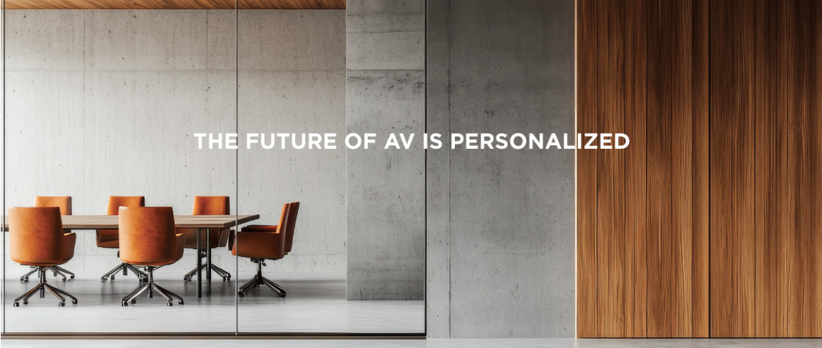 Modern minimalist conference room with orange chairs and glass walls, overlaid text: “The future of AV is personalized.”