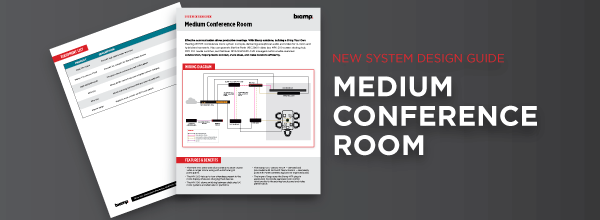 Biamp Medium Conference Room system design guide promo highlighting new AV solution diagrams and recommended products for meeting spaces.
