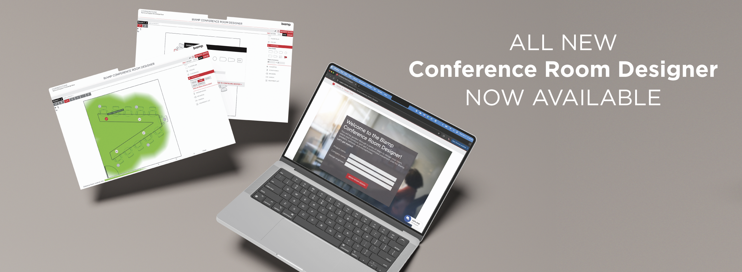 Biamp Conference Room Designer launch banner showing laptop and interface screens with text “All New Conference Room Designer Now Available.”
