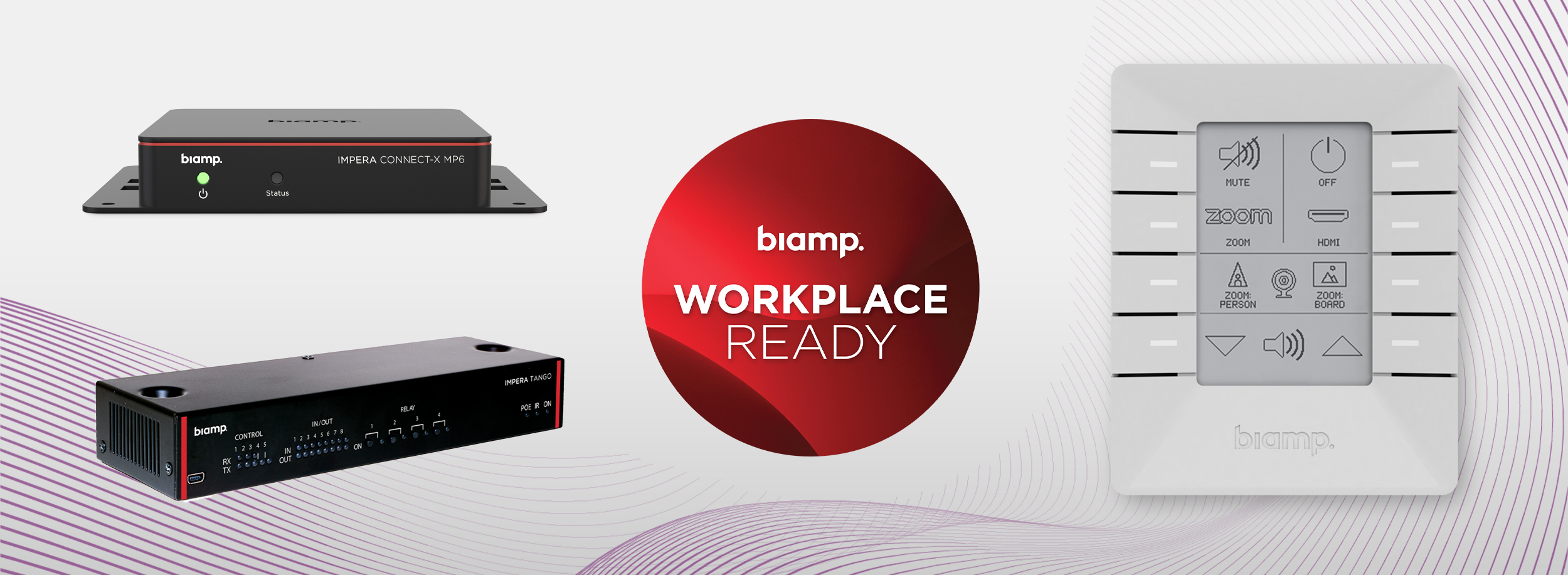 Biamp Workplace Ready graphic featuring Impera control processors, touch keypad and central red badge reading “Workplace Ready.”