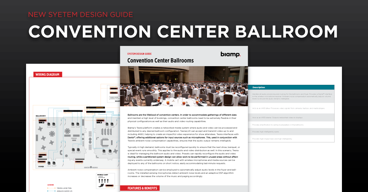Biamp system design guide graphic for “Convention Center Ballroom” showing wiring diagram, feature descriptions and ballroom photo.