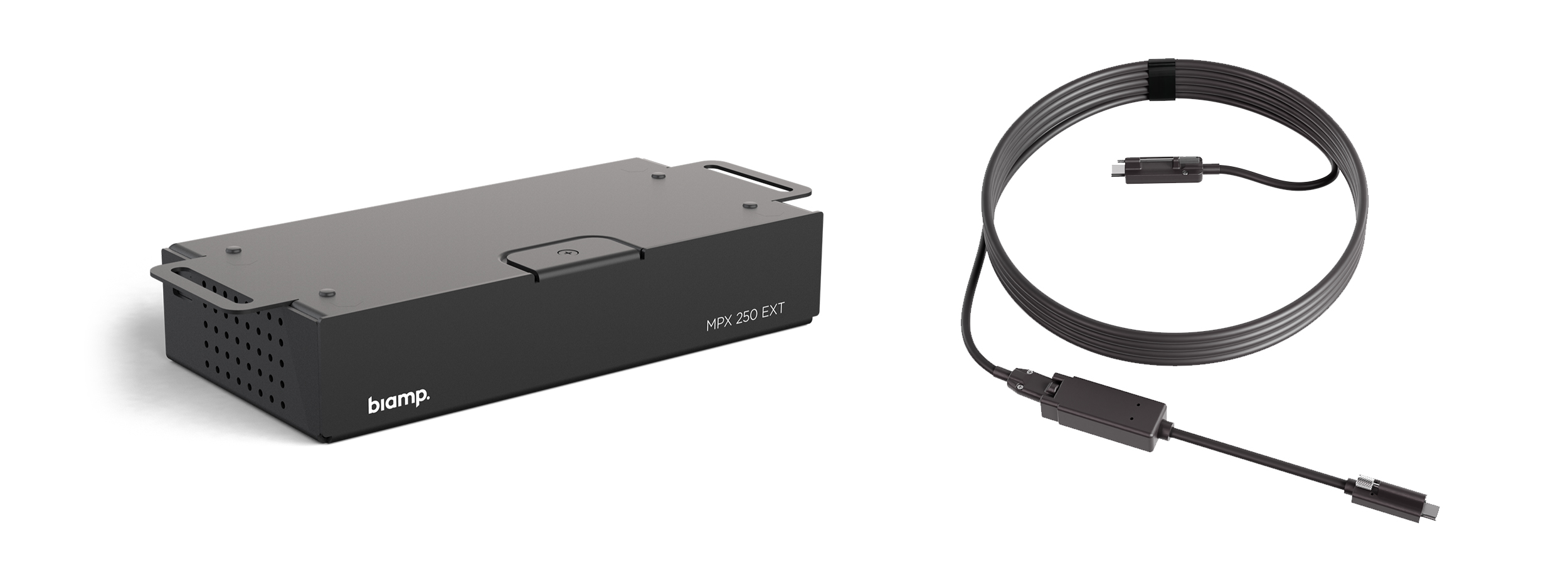 Biamp EasyConnect MPX 250 extender kit shown with black under‑table interface box and long USB‑C extension cable.