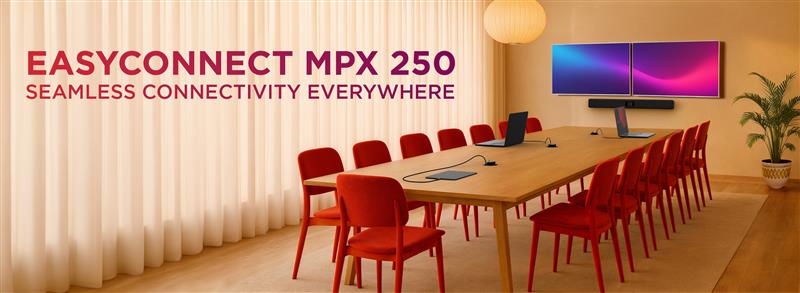 Warm modern conference room with long table, red chairs and dual monitors, promoting EasyConnect MPX 250 seamless connectivity.