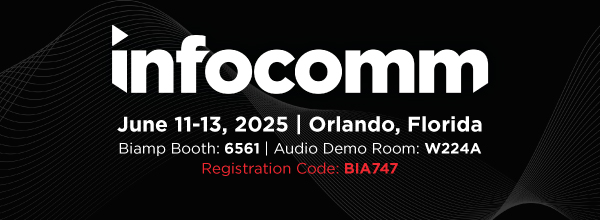 Infocomm 2025 promo banner: June 11–13 in Orlando, Florida – Biamp booth 6561, audio demo room W224A, registration code BIA747.