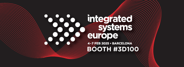 Biamp Integrated Systems Europe 2025 event banner inviting attendees to visit booth #3D100 in Barcelona, highlighted by red audio wave graphics.