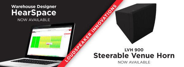Promotional banner highlighting Biamp Warehouse Designer HearSpace software and the LVH 900 Steerable Venue Horn loudspeaker, both now available.