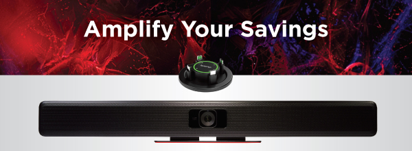 Biamp promotional banner showing Parlé conferencing bar and microphone with “Amplify Your Savings” message for AV bundle and upgrade offers.