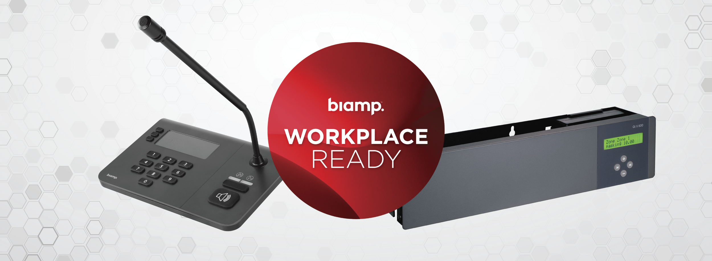 Biamp Workplace Ready graphic featuring paging microphone console and Qt X sound masking processor with central red badge.