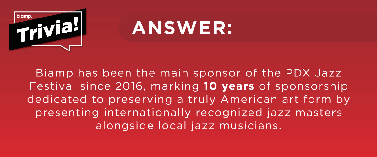 Biamp Trivia answer graphic explaining Biamp has been the main sponsor of the PDX Jazz Festival since 2016, totaling 10 years.