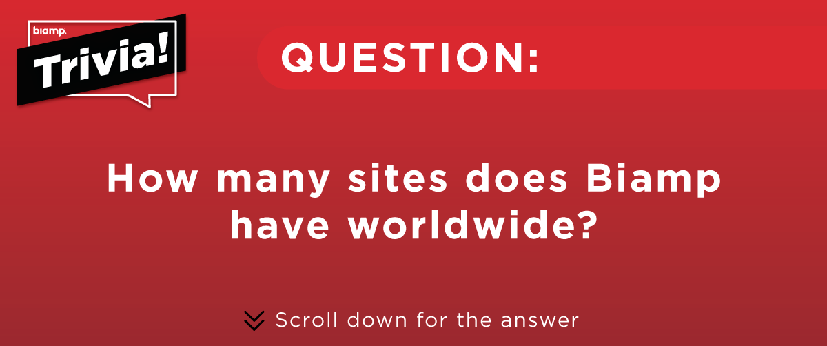 Biamp Trivia question graphic asking: “How many sites does Biamp have worldwide?”