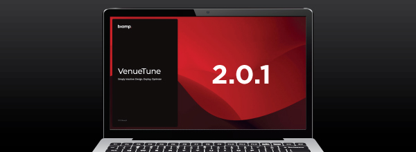 Laptop displaying Biamp VenueTune software splash screen with version number 2.0.1 on a red background.
