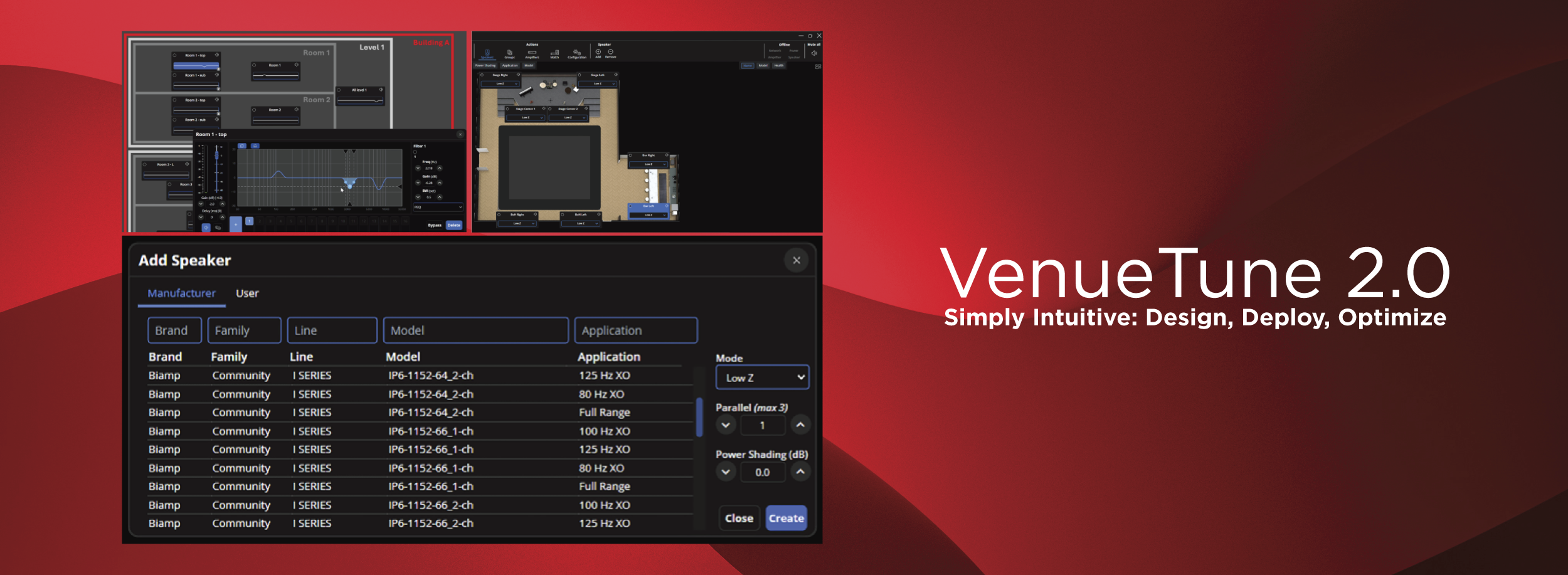 VenueTune 2.0 software interface with loudspeaker design and deployment tools, tagline “Simply Intuitive: Design, Deploy, Optimize.”
