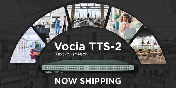 Biamp Vocia TTS-2 text‑to‑speech paging system product banner showing multi‑zone audio applications with “Now Shipping” announcement.