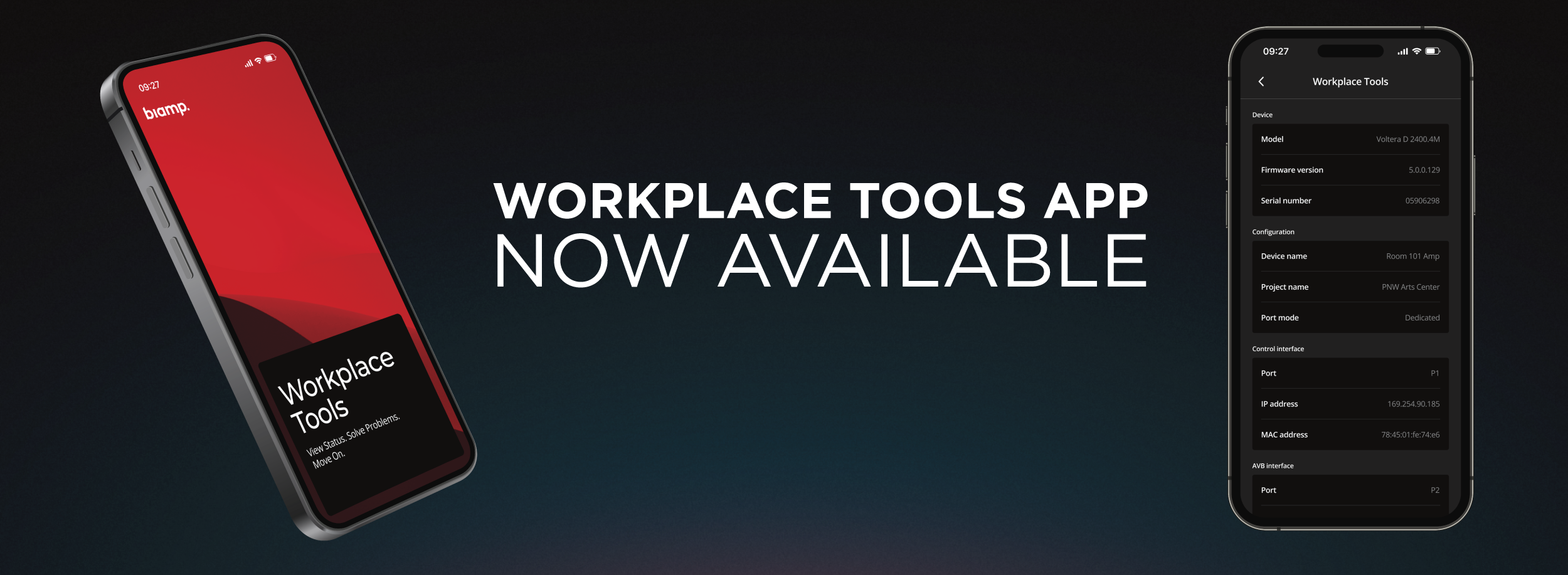 Promotional graphic showing Biamp Workplace Tools mobile app on two smartphones with text: “Workplace Tools App Now Available.”