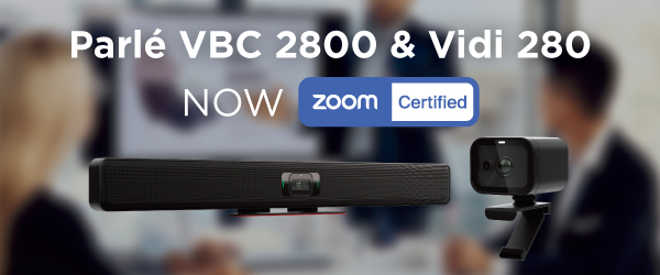 Parlé VBC 2800 conferencing bar and Vidi 280 camera product banner announcing both Biamp video solutions are now Zoom Certified.
