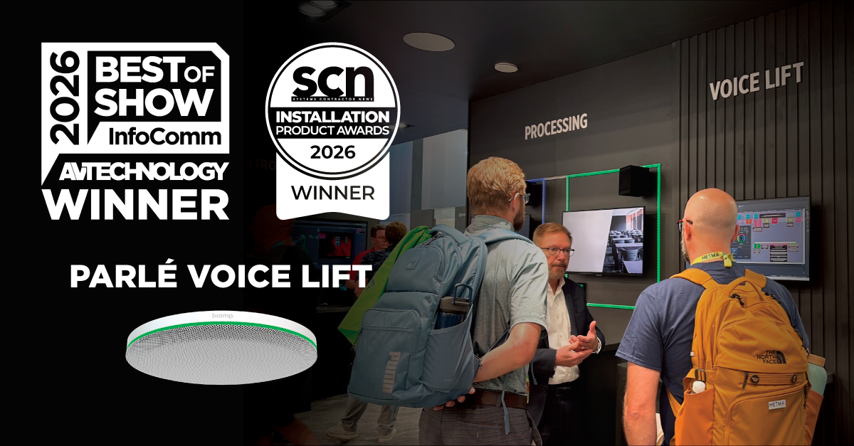 Parlé Voice Lift wins 2026 InfoComm Best of Show and SCN Installation Product Awards at trade show booth