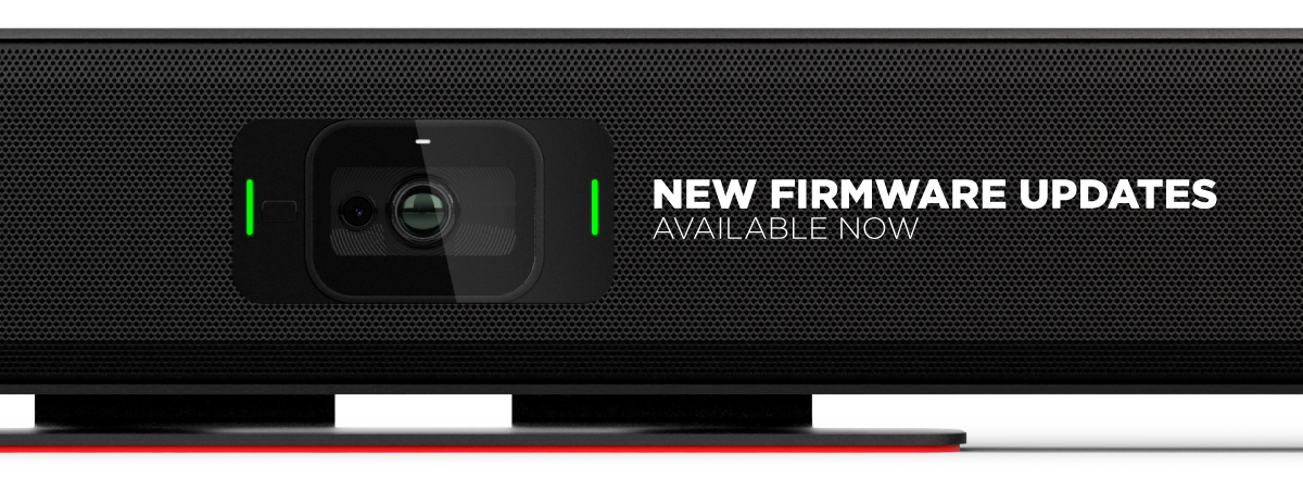 Video conferencing camera bar with new firmware updates available now, featuring integrated lens and green status lights