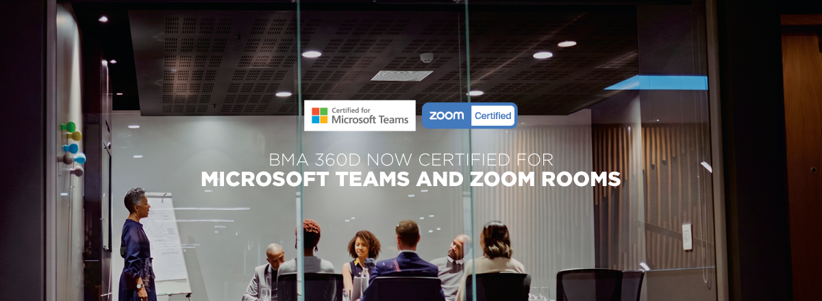 BMA 360D now certified for Microsoft Teams and Zoom Rooms in modern glass-walled conference room setting