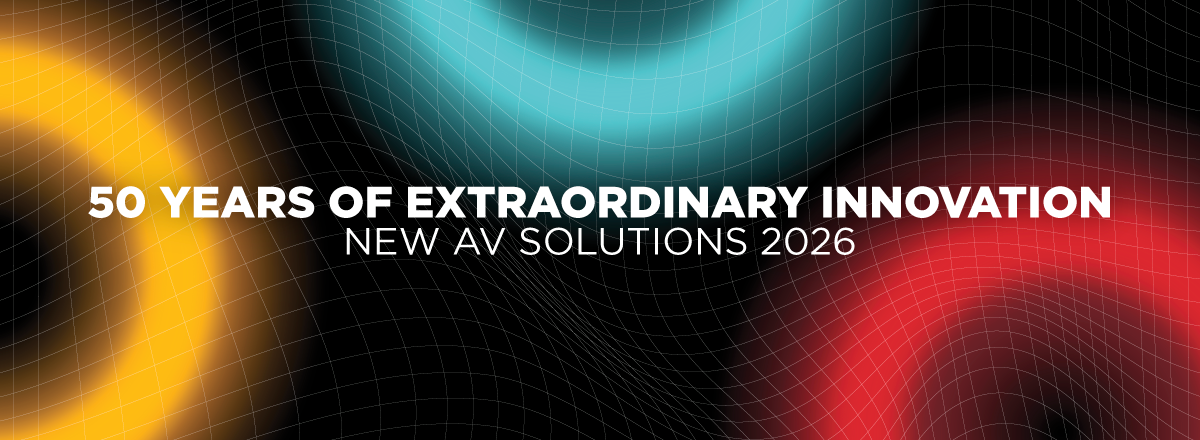 50 years of extraordinary innovation banner for New AV Solutions 2026 with colorful abstract grid background